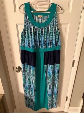 One World Boho Feather Print Sleeveless Maxi Dress Empire Waist Navy Teal 2X